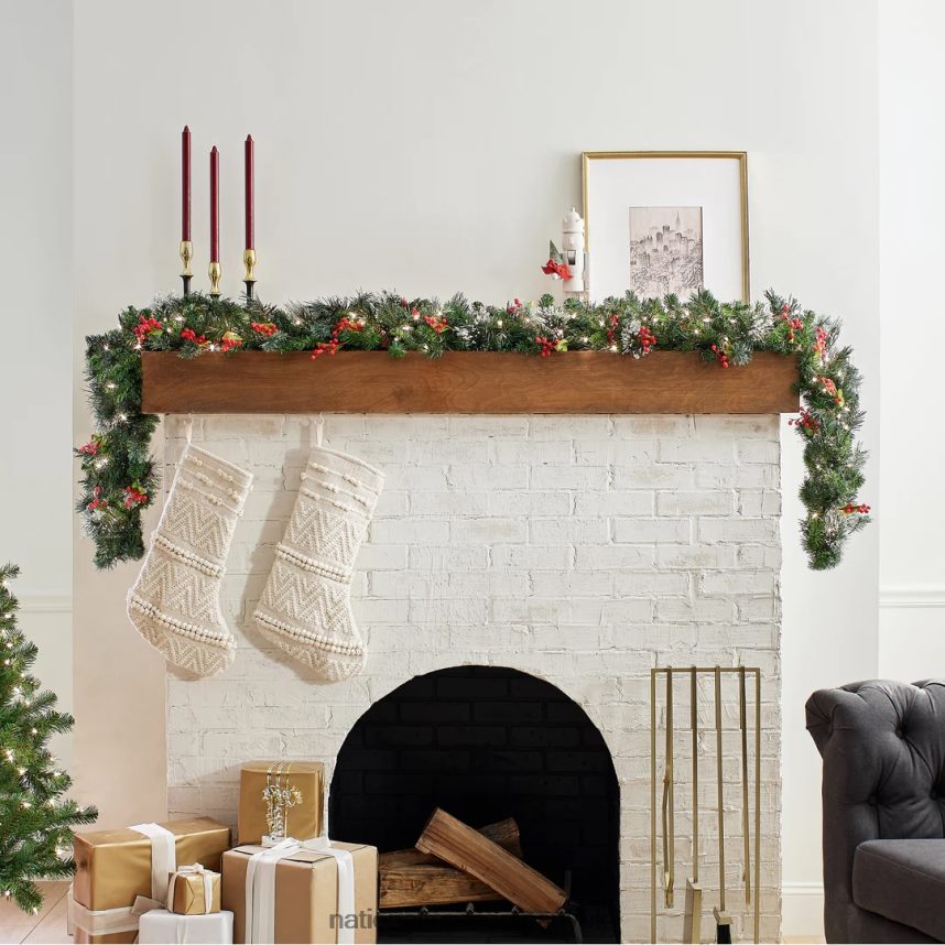 Greenery | National Tree Company Pre-Lit Artificial Christmas Garland Green Wintry Pine White Lights Decorated with Pine Cones Berry Clusters Plug In Christmas Collection 9 Feet F2L4F332